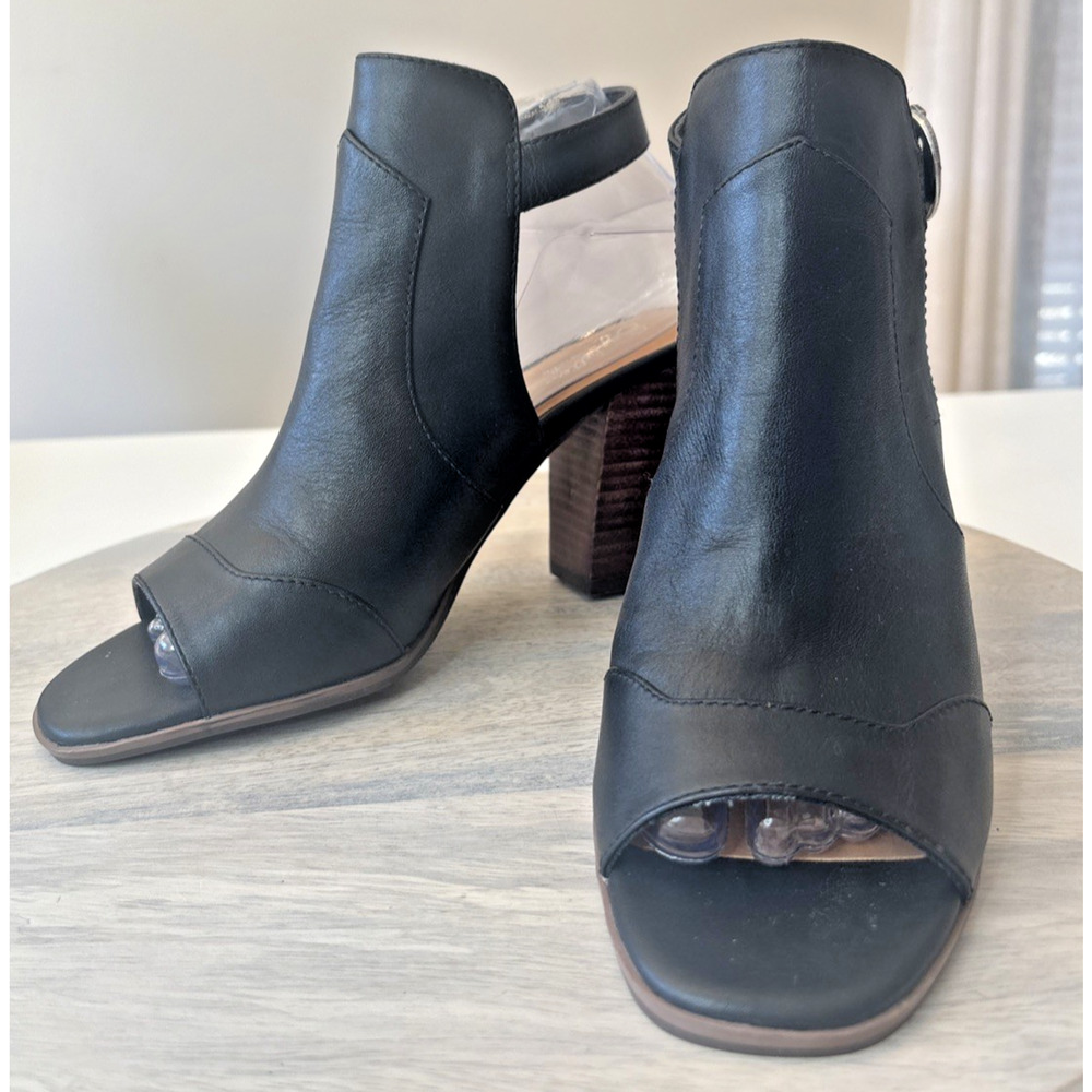 Seychelles Black Leather Peep Toe Slingback Booties Womens Size 8 Block Heel